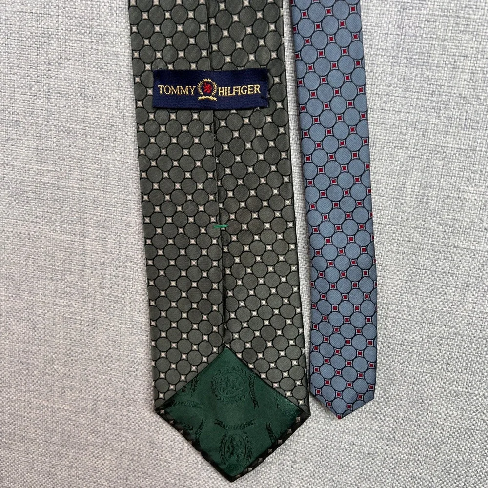 VTG Y2K Tommy Hilfiger Silk Geometric Dot Tie Men Silver Green Minimalist Formal